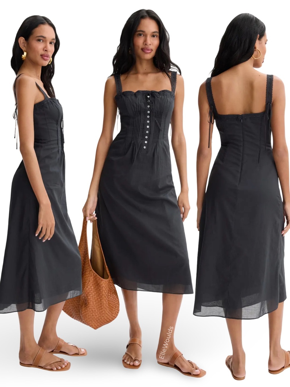 Staud Matilde Dress Black Button Front Midi Dress 100% Cotton US Size 14